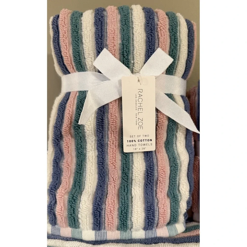 8pc Rachel Zoe Cotton Pink Teal Rainbow Striped Bath Hand Washcloth Towel Set
